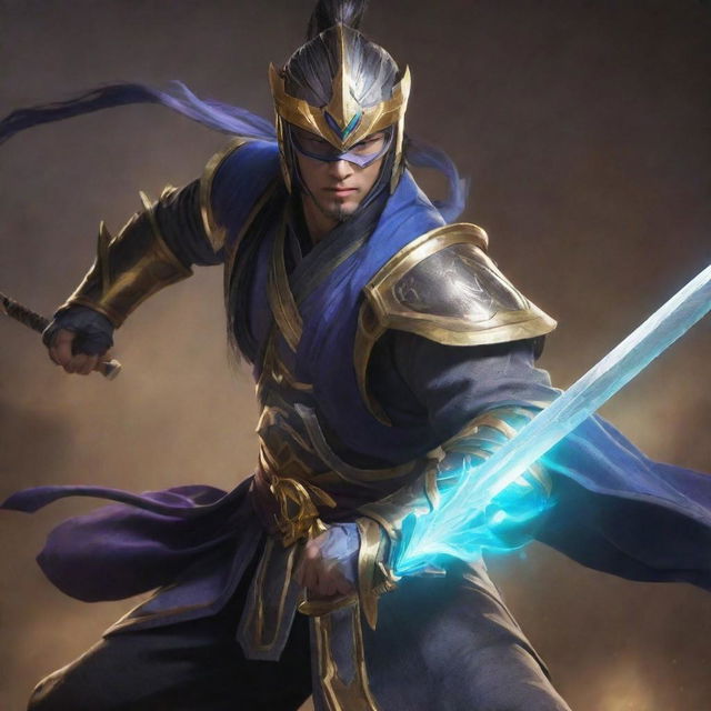 Master Yi, the skilled Wuju Bladesman from League of Legends, sharpening his sword with an intense gaze, surrounded by mystic energy