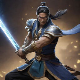 Master Yi, the skilled Wuju Bladesman from League of Legends, sharpening his sword with an intense gaze, surrounded by mystic energy