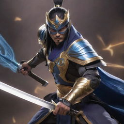 Master Yi, the skilled Wuju Bladesman from League of Legends, sharpening his sword with an intense gaze, surrounded by mystic energy