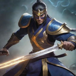 Master Yi, the skilled Wuju Bladesman from League of Legends, sharpening his sword with an intense gaze, surrounded by mystic energy