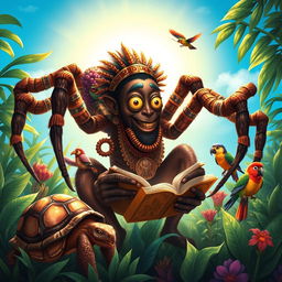 A visually captivating illustration of Anansi the spider, depicted as a clever trickster, embodying African folklore