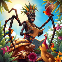 A visually captivating illustration of Anansi the spider, depicted as a clever trickster, embodying African folklore