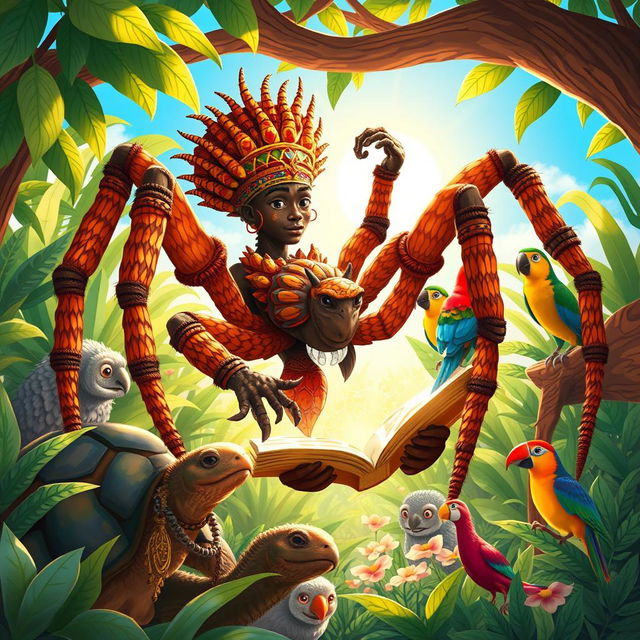 A visually captivating illustration of Anansi the spider, depicted as a clever trickster, embodying African folklore