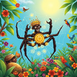 A visually captivating illustration of Anansi the spider, depicted as a clever trickster from African folklore