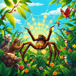 A visually captivating illustration of Anansi the spider, depicted as a clever trickster from African folklore