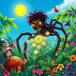 A visually captivating illustration of Anansi the spider, depicted as a clever trickster from African folklore