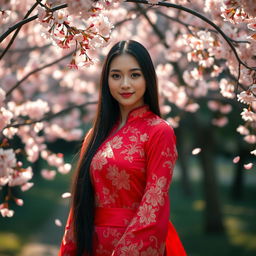 A beautiful East Asian woman with long black hair, wearing a vibrant red silk dress adorned with intricate floral patterns