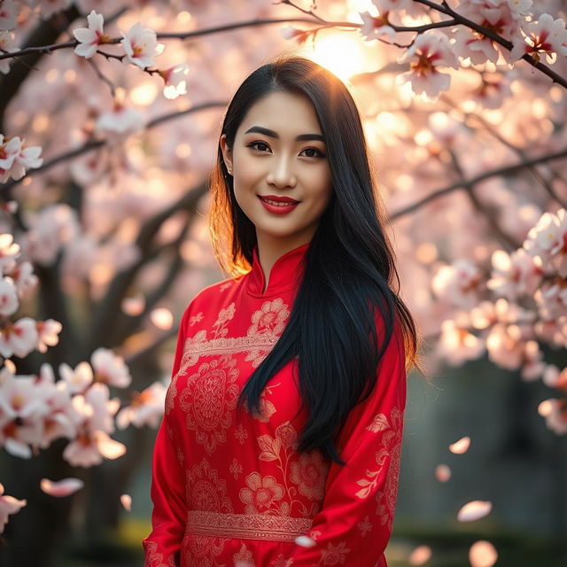 A beautiful East Asian woman with long black hair, wearing a vibrant red silk dress adorned with intricate floral patterns