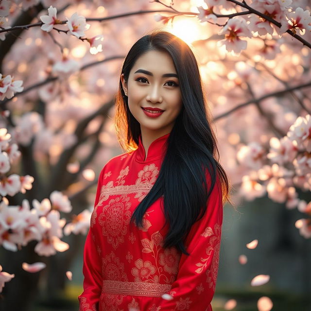 A beautiful East Asian woman with long black hair, wearing a vibrant red silk dress adorned with intricate floral patterns