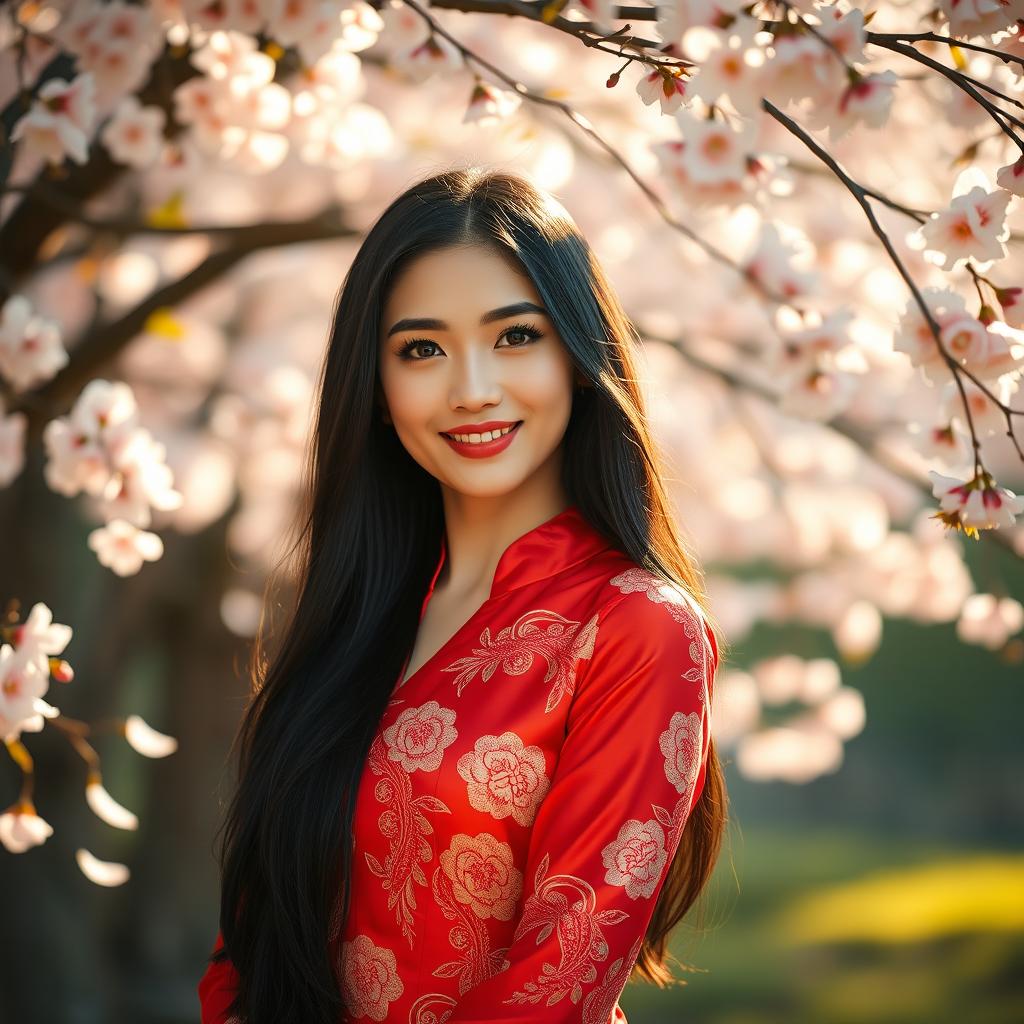 A beautiful East Asian woman with long black hair, wearing a vibrant red silk dress adorned with intricate floral patterns