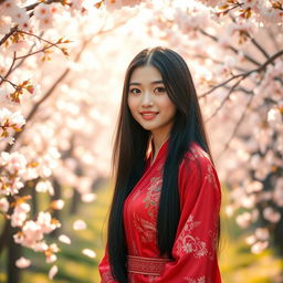 A beautiful East Asian woman with long black hair, wearing a vibrant red silk dress adorned with intricate floral patterns
