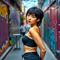 A petite East Asian woman with a slender figure and stylish short black hair, wearing a fashionable yet sexy outfit that highlights her curves