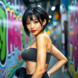 A petite East Asian woman with a slender figure and stylish short black hair, wearing a fashionable yet sexy outfit that highlights her curves