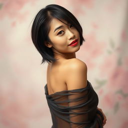 A petite East Asian woman with a slender figure and stylish short black hair, striking a confident pose in an artistic setting