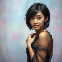 A petite East Asian woman with a slender figure and stylish short black hair, striking a confident pose in an artistic setting
