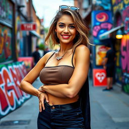 A stylish scene featuring a confident woman with an upbeat personality, wearing a trendy outfit that accentuates her figure