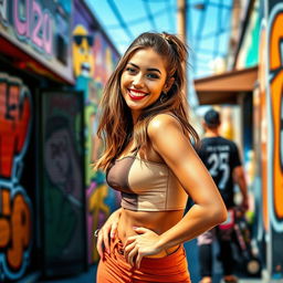A stylish scene featuring a confident woman with an upbeat personality, wearing a trendy outfit that accentuates her figure