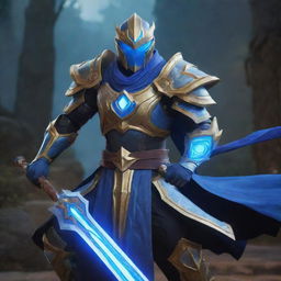 Master Yi from League of Legends, adorned in his traditional armor, holding his blue glowing sword, ready for battle in the game's iconic Summoner's Rift setting