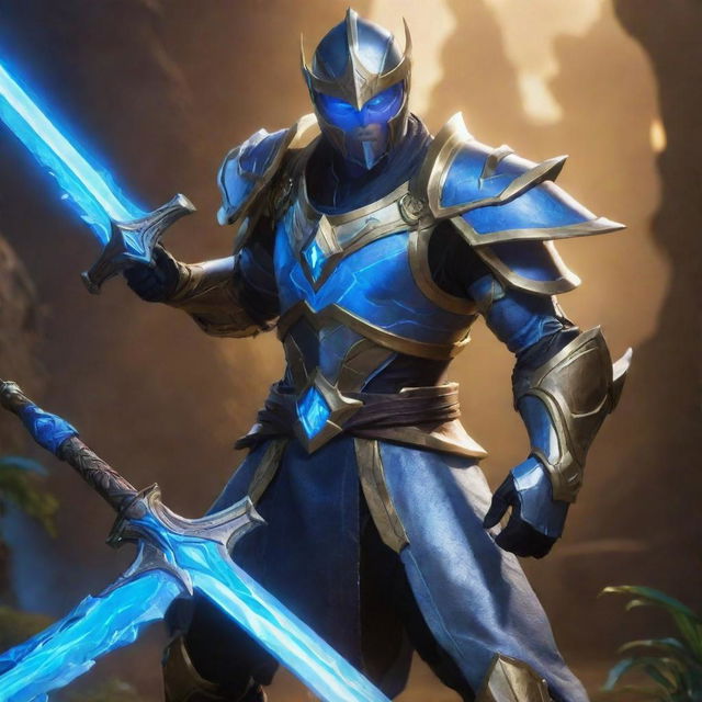 Master Yi from League of Legends, adorned in his traditional armor, holding his blue glowing sword, ready for battle in the game's iconic Summoner's Rift setting