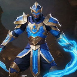 Master Yi from League of Legends, adorned in his traditional armor, holding his blue glowing sword, ready for battle in the game's iconic Summoner's Rift setting