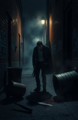 A dark and moody crime scene in an urban alleyway, where a dramatic confrontation has taken place