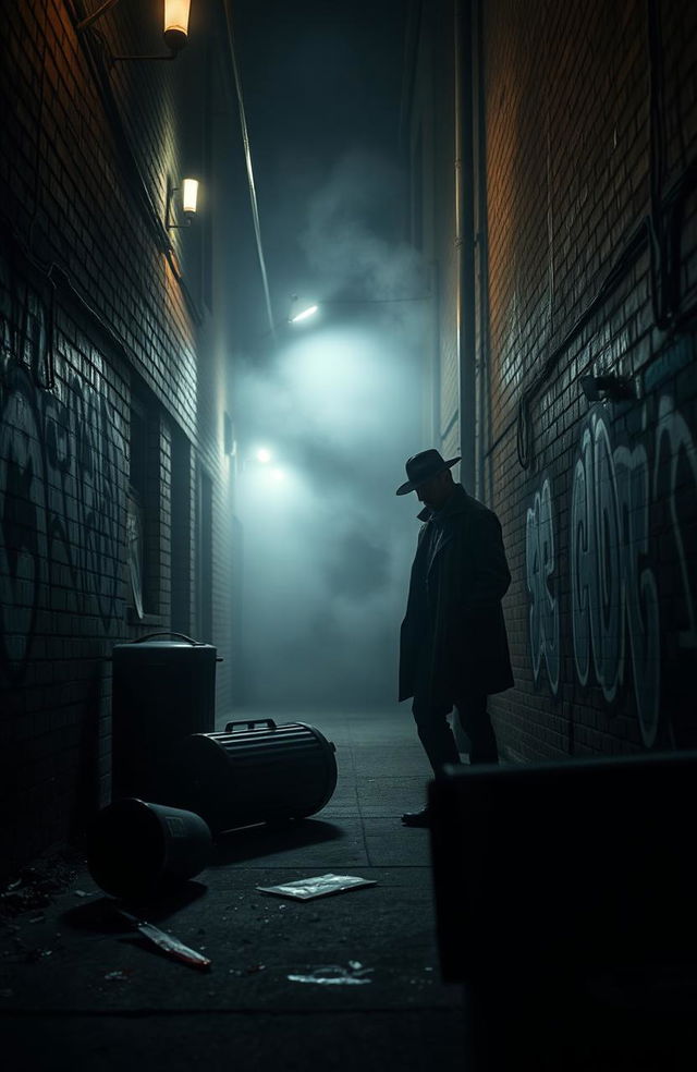 A dark and moody crime scene in an urban alleyway, where a dramatic confrontation has taken place