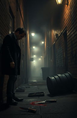 A dark and moody crime scene in an urban alleyway, where a dramatic confrontation has taken place