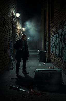 A dark and moody crime scene in an urban alleyway, where a dramatic confrontation has taken place