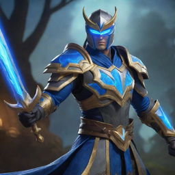 Master Yi from League of Legends, adorned in his traditional armor, holding his blue glowing sword, ready for battle in the game's iconic Summoner's Rift setting