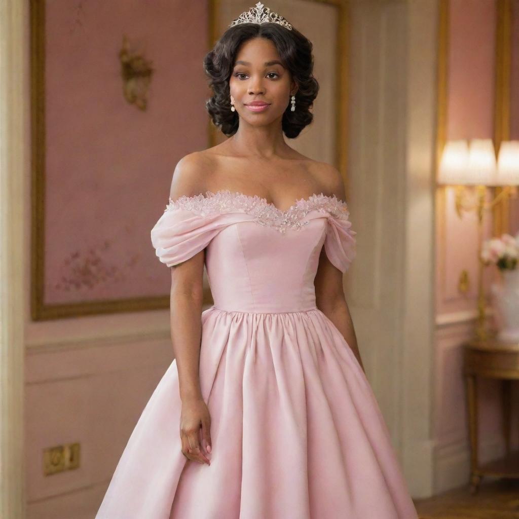 An off-shoulder light muted pink dress, a harmonious blend of Charlotte's dress from Princess and the Frog and the fashion style of Bridgerton.