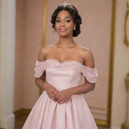 An off-shoulder light muted pink dress, a harmonious blend of Charlotte's dress from Princess and the Frog and the fashion style of Bridgerton.