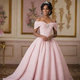 An off-shoulder light muted pink dress, a harmonious blend of Charlotte's dress from Princess and the Frog and the fashion style of Bridgerton.