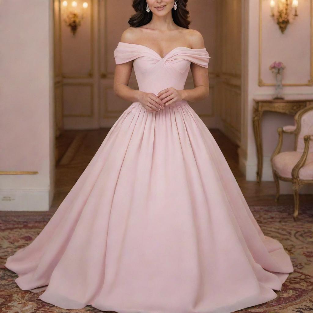 An off-shoulder light muted pink dress, a harmonious blend of Charlotte's dress from Princess and the Frog and the fashion style of Bridgerton.