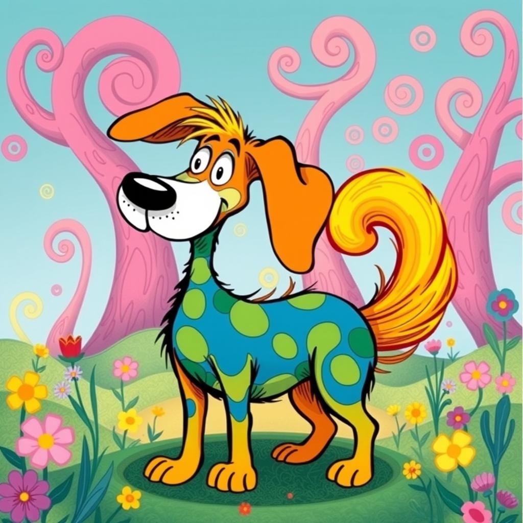 A whimsical and colorful illustration of a dog in the style of Dr