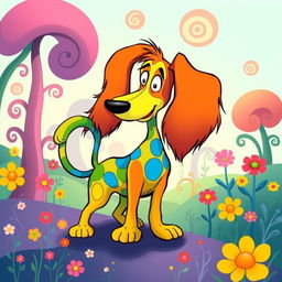 A whimsical and colorful illustration of a dog in the style of Dr
