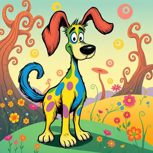 A whimsical and colorful illustration of a dog in the style of Dr