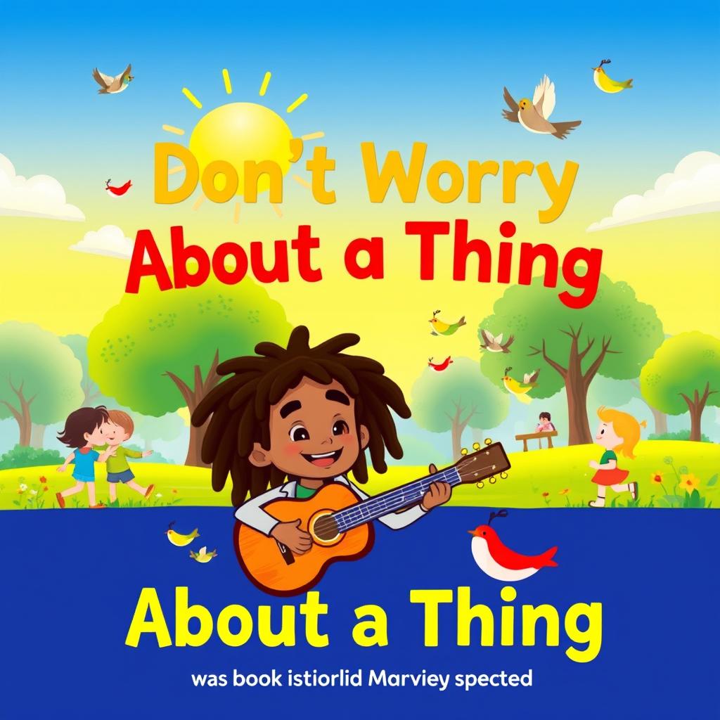 A vibrant and colorful children's book cover for the title "Don't Worry About a Thing" inspired by the essence of Bob Marley