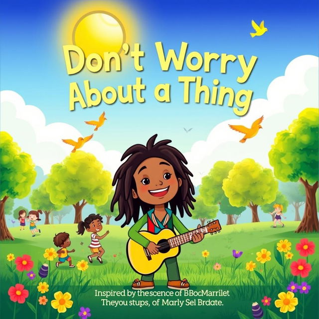 A vibrant and colorful children's book cover for the title "Don't Worry About a Thing" inspired by the essence of Bob Marley