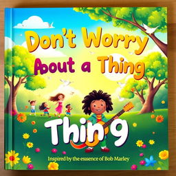 A vibrant and colorful children's book cover for the title "Don't Worry About a Thing" inspired by the essence of Bob Marley