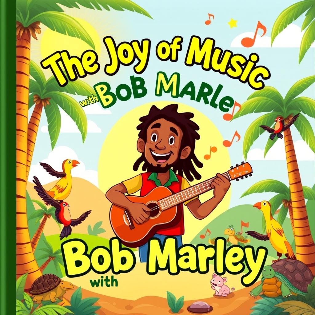 A vibrant and colorful illustrated cover for a children's book about Bob Marley