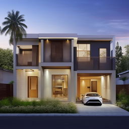 A contemporary two-storey house with car garage, garden, waiting area, living room, combined kitchen and dining room, laundry room. Second floor with 3 bedrooms and a family room.