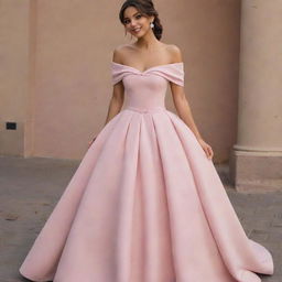 A modernized off-shoulder light muted pink dress, drawing elements from Charlotte's dress in Princess and the Frog and Bridgerton's fashion style.