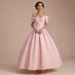 A modernized off-shoulder light muted pink dress, drawing elements from Charlotte's dress in Princess and the Frog and Bridgerton's fashion style.