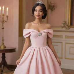 A modernized off-shoulder light muted pink dress, drawing elements from Charlotte's dress in Princess and the Frog and Bridgerton's fashion style.