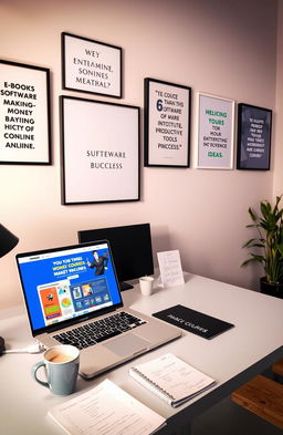 A modern workspace showcasing various digital products for making money online, including e-books, software applications, online courses, and printables