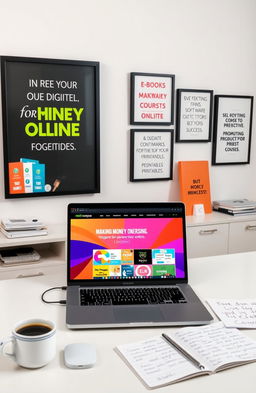 A modern workspace showcasing various digital products for making money online, including e-books, software applications, online courses, and printables
