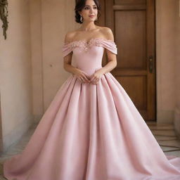 A modernized off-shoulder light muted pink dress, drawing elements from Charlotte's dress in Princess and the Frog and Bridgerton's fashion style.