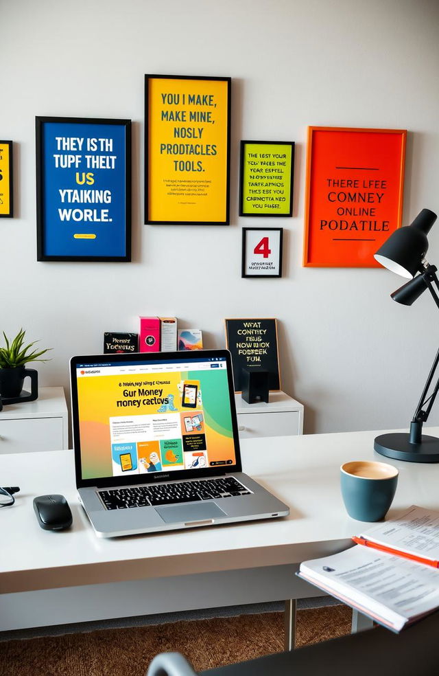 A modern workspace showcasing various digital products for making money online, including e-books, software applications, online courses, and printables