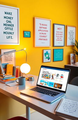 A modern workspace showcasing various digital products for making money online, including e-books, software applications, online courses, and printables