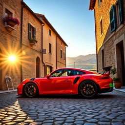 A stunning Porsche GT3 parked on a picturesque narrow street in Italy, surrounded by charming old buildings with rustic architecture